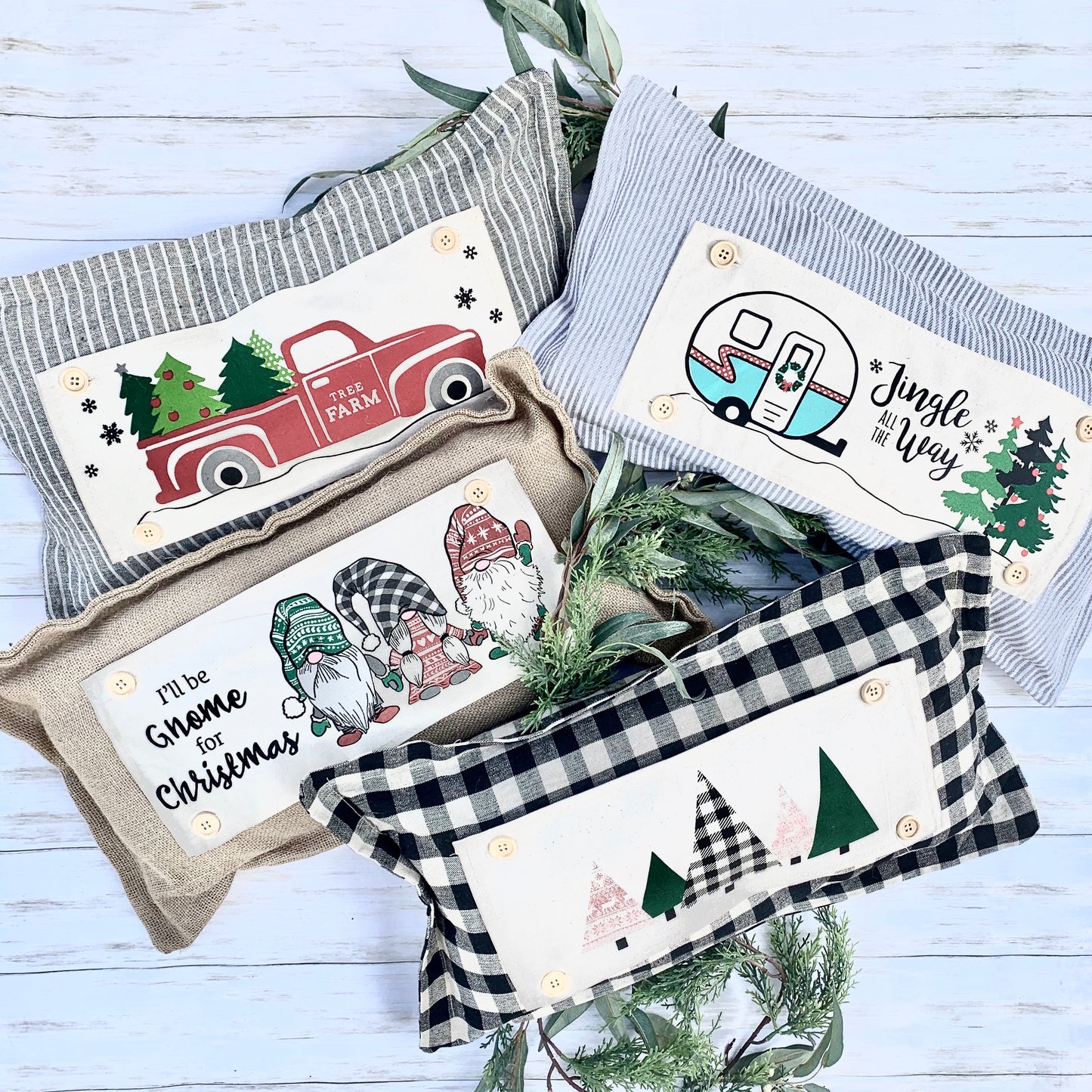 SEASONAL SET: Buffalo Check Gingham Pillow (comes w/ foam insert & these 4 panels in back pocket) SUNFLOWERS, SNOWMAN SCARVES, BE MY VALENTINE, SUMMER VINTAGE CAMPER