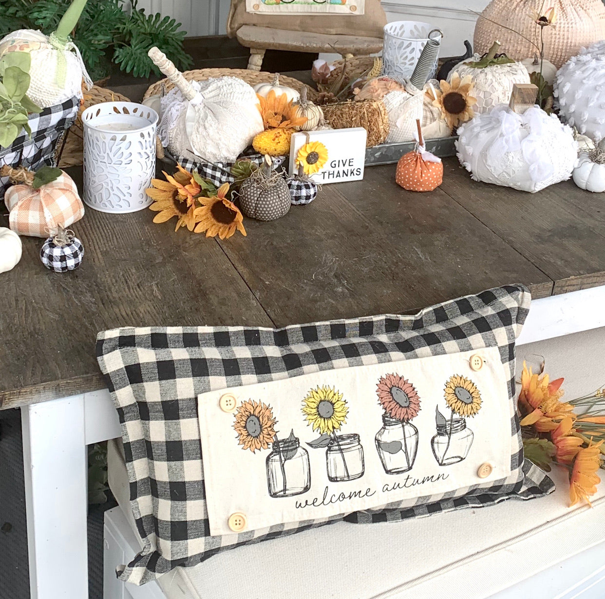 SEASONAL SET: Buffalo Check Gingham Pillow (comes w/ foam insert & these 4 panels in back pocket) SUNFLOWERS, SNOWMAN SCARVES, BE MY VALENTINE, SUMMER VINTAGE CAMPER