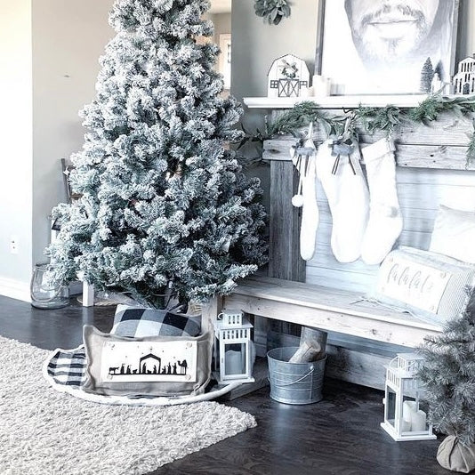 NEW! GLITTER GIFT PARTY PACKAGE BUNDLE: Holiday Pillow Cover Panel Christmas Winter: Runner Combo GLITTER CHRISTMAS BEGINS WITH CHRIST / NATIVITY SILOUETTE + CHARCOAL/GREY STRIPES TRABLE RUNNER