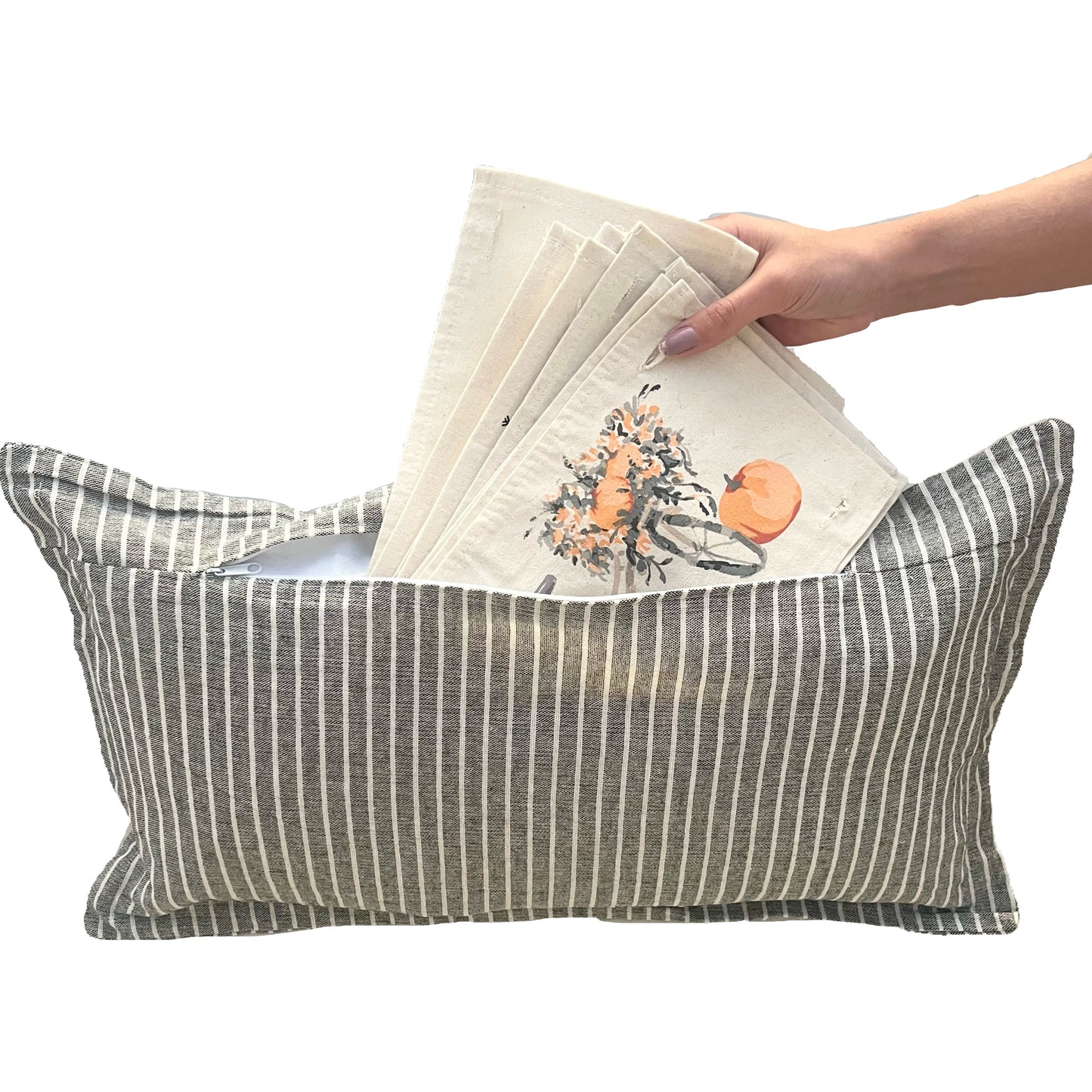 SEASONAL BUNDLE SET: Charcoal/Cream Stripes Pillow (comes with foam insert and these 4 panels in back pocket); Winter Spring Summer Fall Autumn: THANKFUL PUMPKINS, DEER, BUNNY HOP EASTER, HOME SWEET HIVE BEE