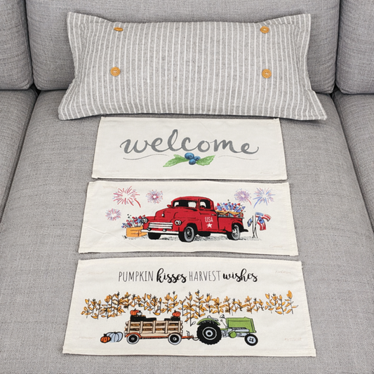 NEW! RECTANGLE SPRING/SUMMER/FALL BUNDLE:  3 seasons + CHARCOAL REC. pillow:  NEW WELCOME, FIREWORK TRUCK, TRACTOR FIELD