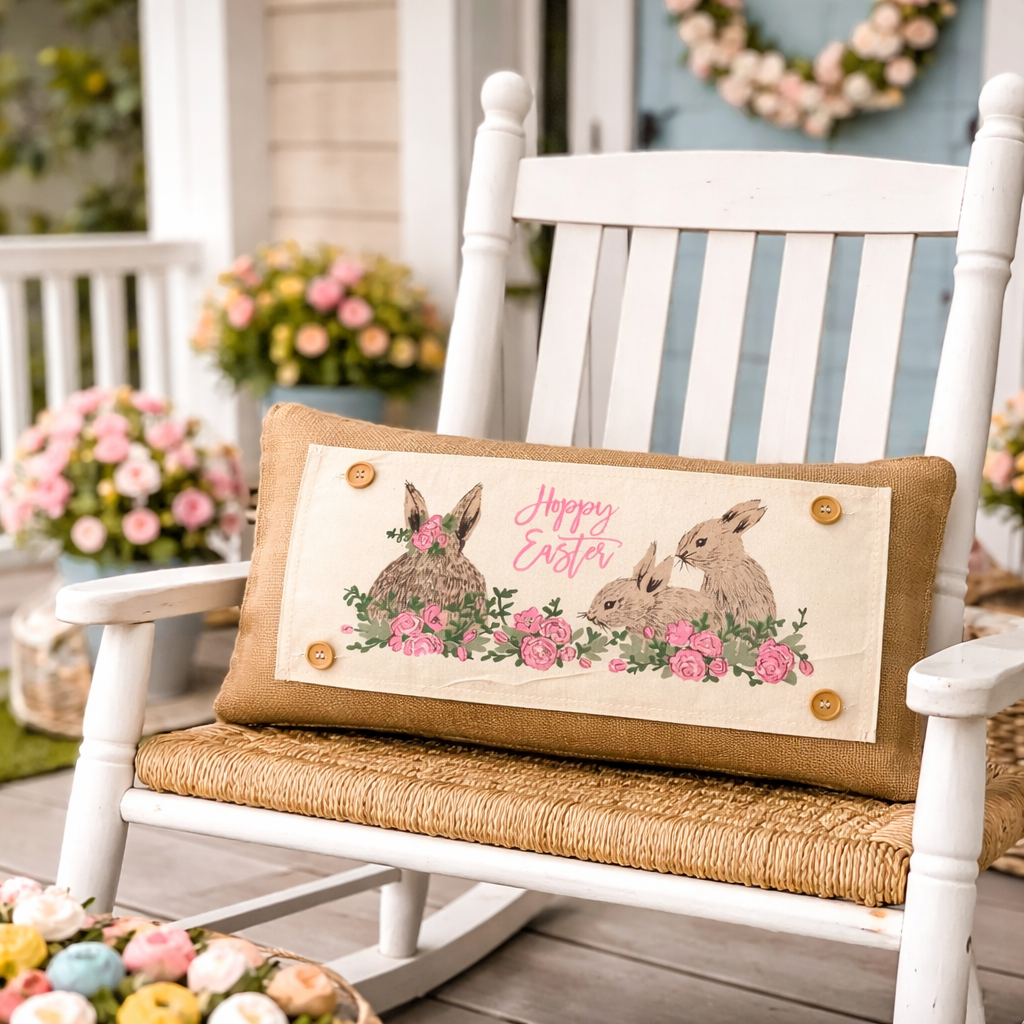 PANEL ONLY: RECTANGLE Spring Flowers Hop Chocolate Bunny Happy Easter Bunnies Garden; FLORAL RABBIT