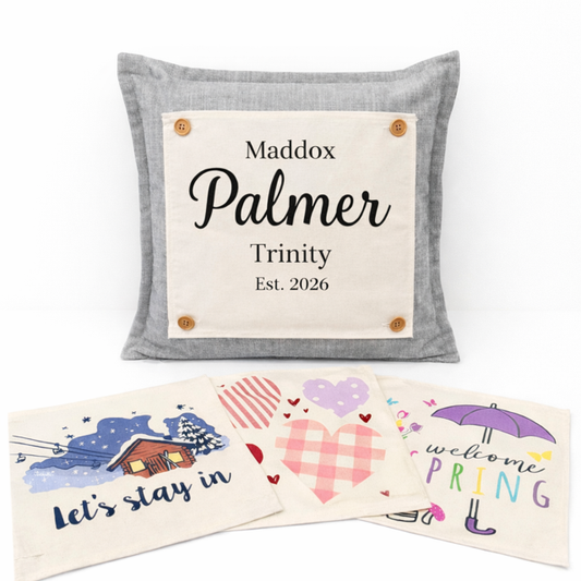 NEW! Custom WINTER Wedding Gift Bundle:  3 seasons + SQUARE CHARCOAL pillow + custom last name panel LODGE, HEARTS, SPRING BOOT, CUSTOM LAST NAME PANEL