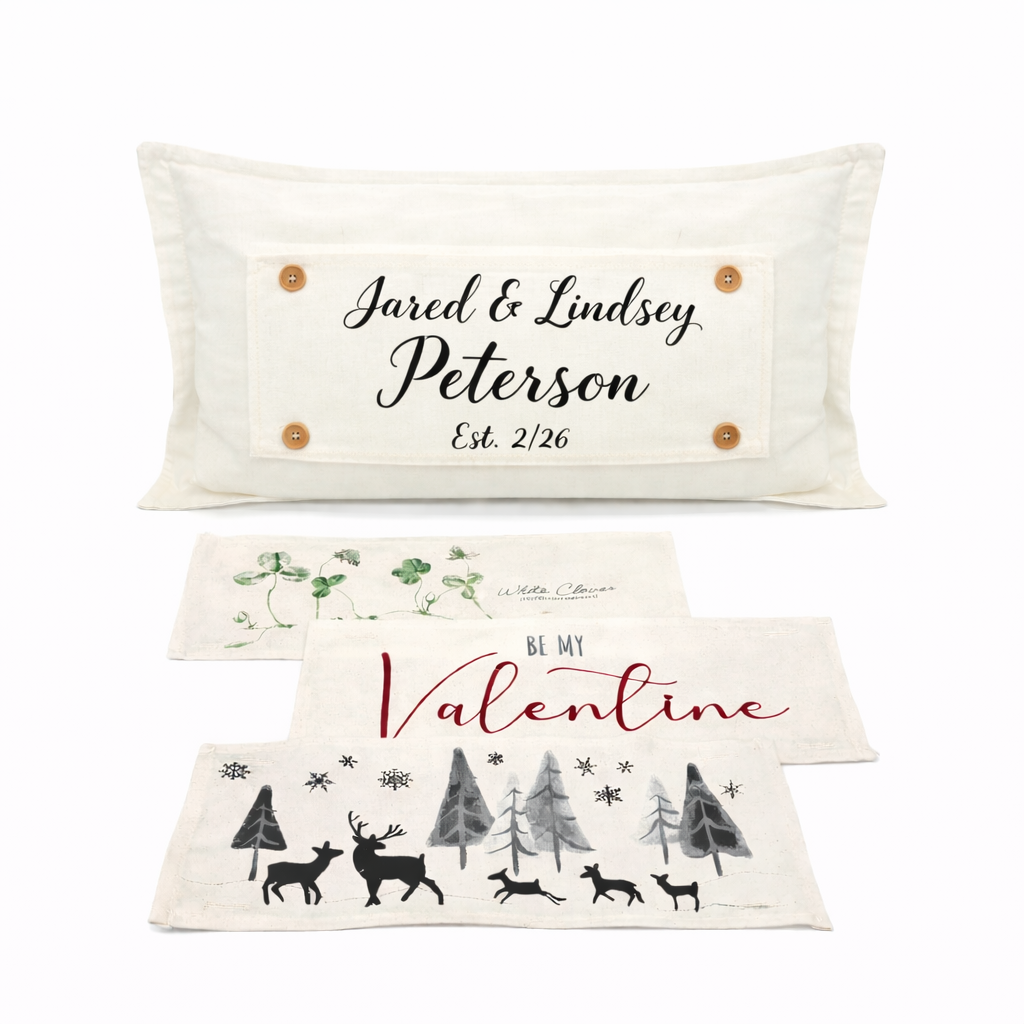 NEW! CUSTOM WINTER 26 WEDDING Bundle:  3 seasons +BOHO pillow + custom last name panel: WHITE CLOVER, BE MY VALENTINE, DEER, CUSTOM LAST NAME PANEL