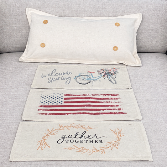NEW! RECTANGLE SPRING/SUMMER/FALL BUNDLE:  3 seasons + BOHO REC. pillow: SPRING BIKE, OLD GLORY, GATHER TOGETHER