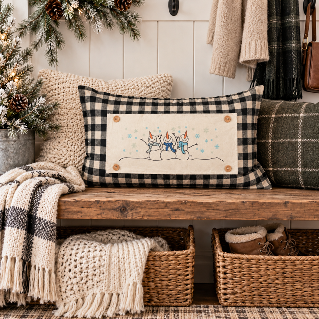 NEW! RECTANGLE WINTER BUNDLE:  3 seasons + BUFFALO CHECK REC. pillow: NATIVITY, 3 SNOWMEN, CONVERSATION HEARTS