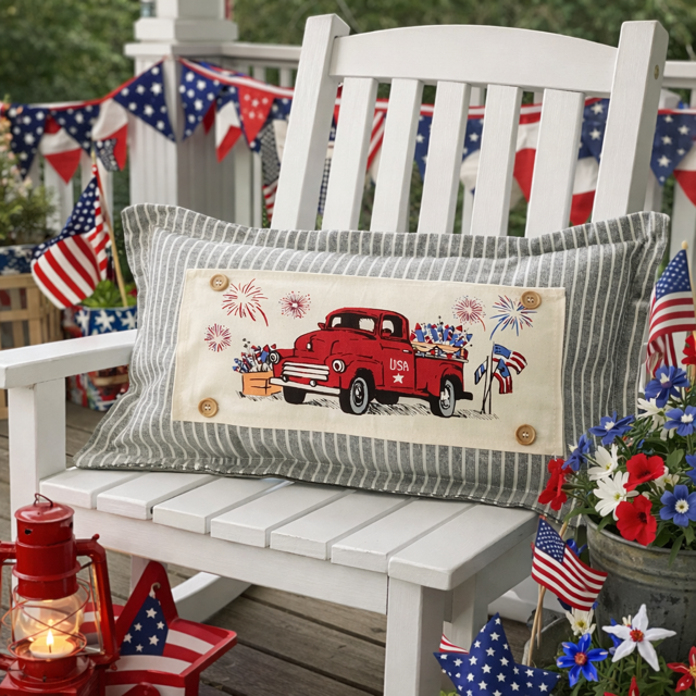NEW! RECTANGLE SPRING/SUMMER/FALL BUNDLE:  3 seasons + CHARCOAL REC. pillow:  NEW WELCOME, FIREWORK TRUCK, TRACTOR FIELD
