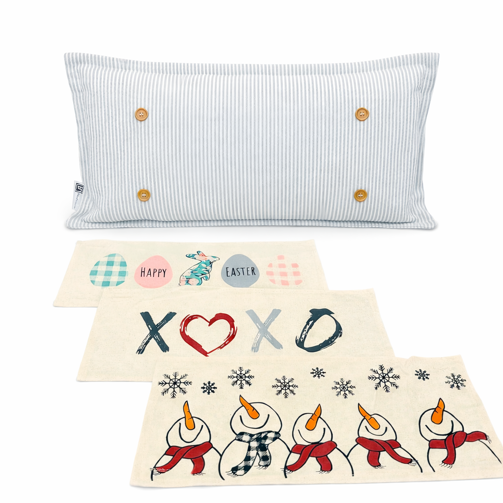 NEW! WINTER 26 Bundle:  GRAY TICKING STRIPE pillow, SNOWMAN SCARVES, XOXO, PASTEL EGGS