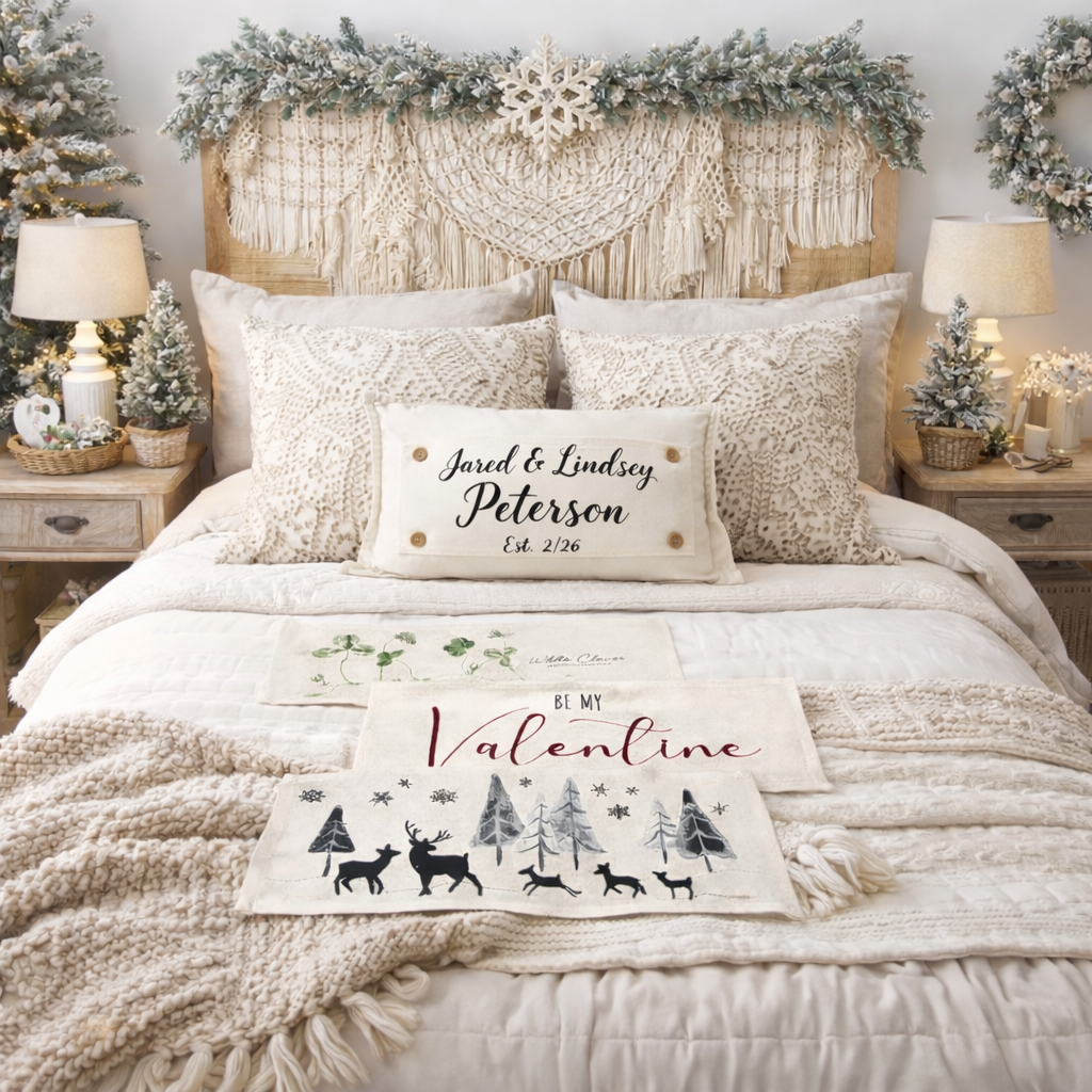 NEW! CUSTOM WINTER 26 WEDDING Bundle:  3 seasons +BOHO pillow + custom last name panel: WHITE CLOVER, BE MY VALENTINE, DEER, CUSTOM LAST NAME PANEL