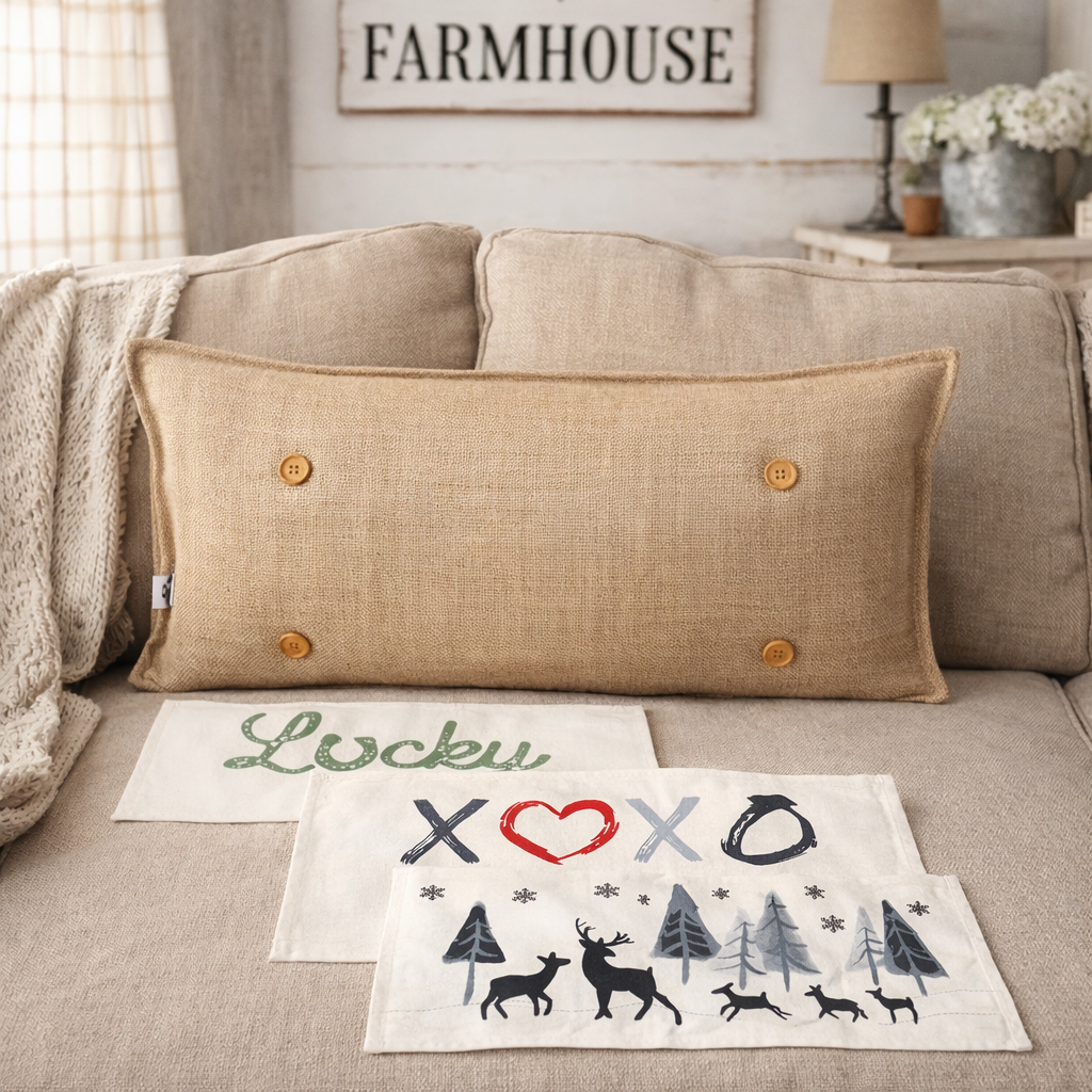 NEW! WINTER 26 Bundle:  3 seasons +BURLAP pillow: LUCKY, XOXO, DEER