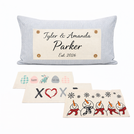 NEW! CUSTOM WINTER WEDDING BUNDLE 26:  GRAY TICKING STRIPE pillow + custom last name, SNOWMAN SCARVES, XOXO, PASTEL EGGS, CUSTOM PANEL