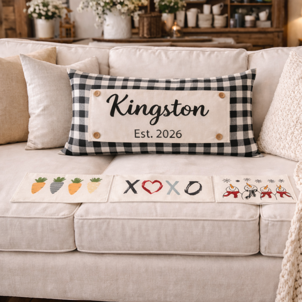 NEW! WINTER Wedding Gift Bundle:  3 seasons + GINGHAM/BUFFALO CHECK pillow: SNOWMAN SCARVES / XOXO / CARROT PATCH / CUSTOM PANEL