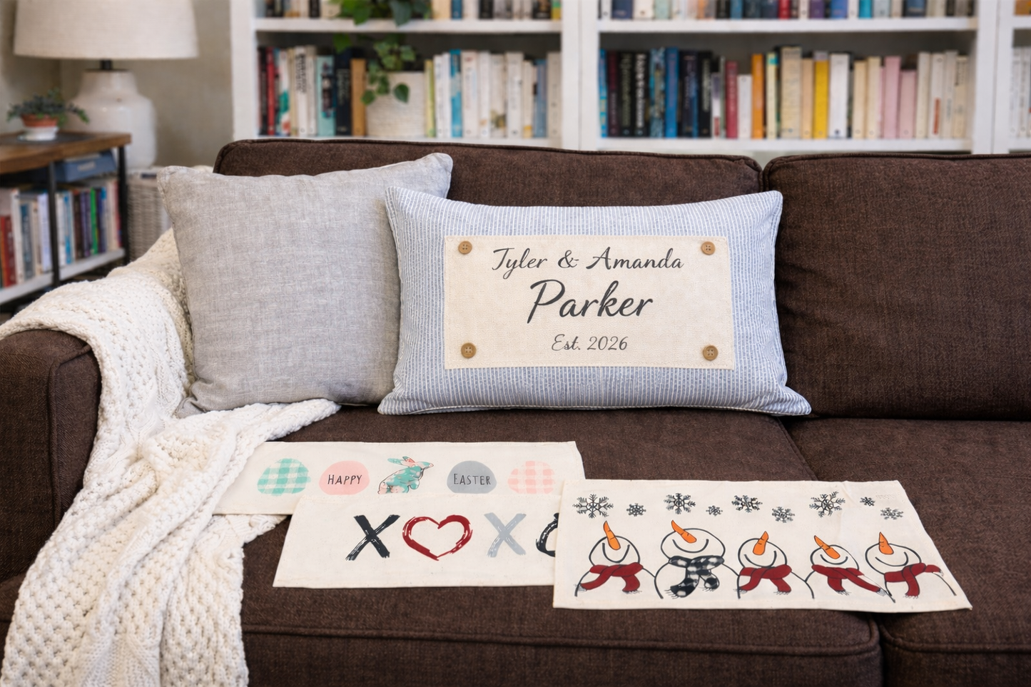 NEW! Custom WINTER 26 Wedding Gift Bundle:  GRAY TICKING STRIPE pillow + custom last name, SNOWMAN SCARVES, XOXO, PASTEL EGGS, CUSTOM PANEL