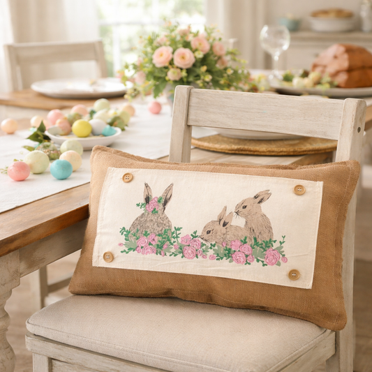 PANEL ONLY: RECTANGLE Spring Flowers Hop Chocolate Bunny Happy Easter Bunnies Garden; FLORAL RABBIT
