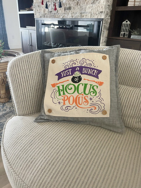 NEW! SQUARE BUNDLE SET: Charcoal Gray Solid Pillow (comes with foam insert and these 3 panels in back pocket); Winter Spring Summer Fall Autumn:  HOCUS POCUS, PUMPKIN PATCH, STATIONWAGON