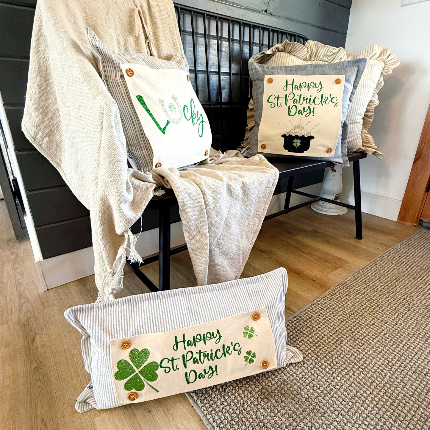 Glitter Holiday SQUARE Panel: Irish Kisses & Shamrock Wishes; Spring St. Saint Patricks Day, HAPPY ST. PATICK'S DAY POT OF GOLD