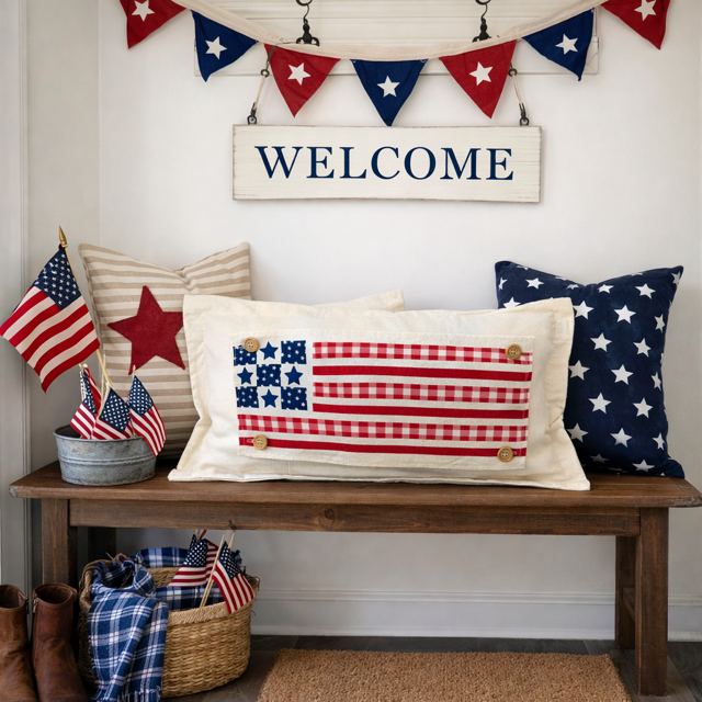 PANEL ONLY: RECTANGLE Summer; Picnic Table Cloth Stars Stripes America, Red, White, Blue; BARN QUILT AMERICAN FLAG