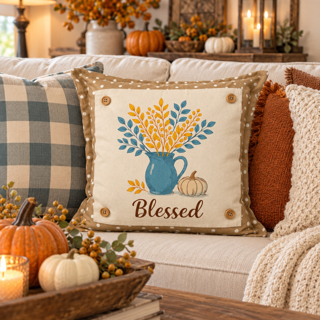 NEW!  PANEL ONLY: SQUARE Fall Autumn leaves pumpkin BLESSED BLUE PITCHER