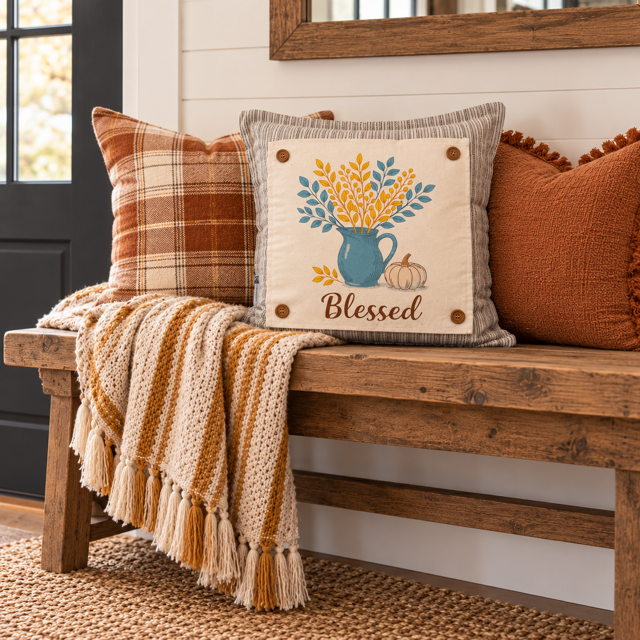 NEW!  PANEL ONLY: SQUARE Fall Autumn leaves pumpkin BLESSED BLUE PITCHER
