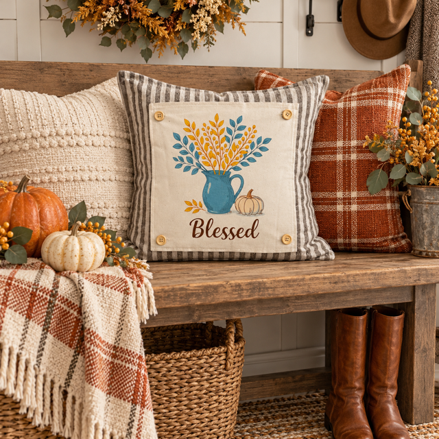 NEW!  PANEL ONLY: SQUARE Fall Autumn leaves pumpkin BLESSED BLUE PITCHER
