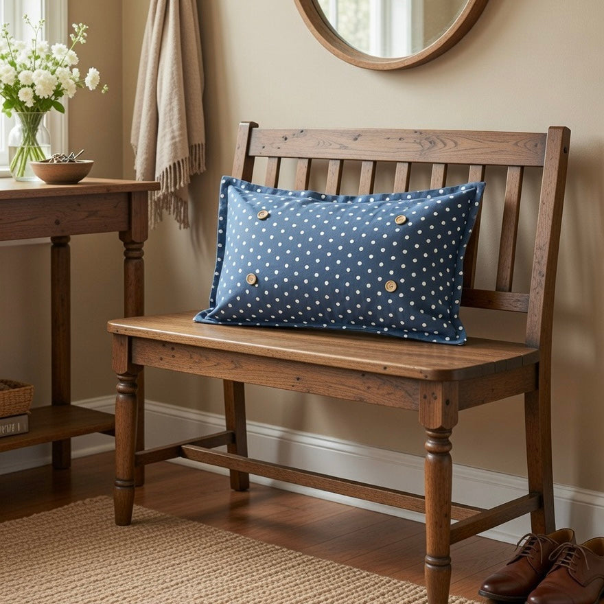 PILLOW ONLY RECTANGLE denim country blue with white polka dots: BLUE POLKA-DOT PILLOW (with fluffy insert)