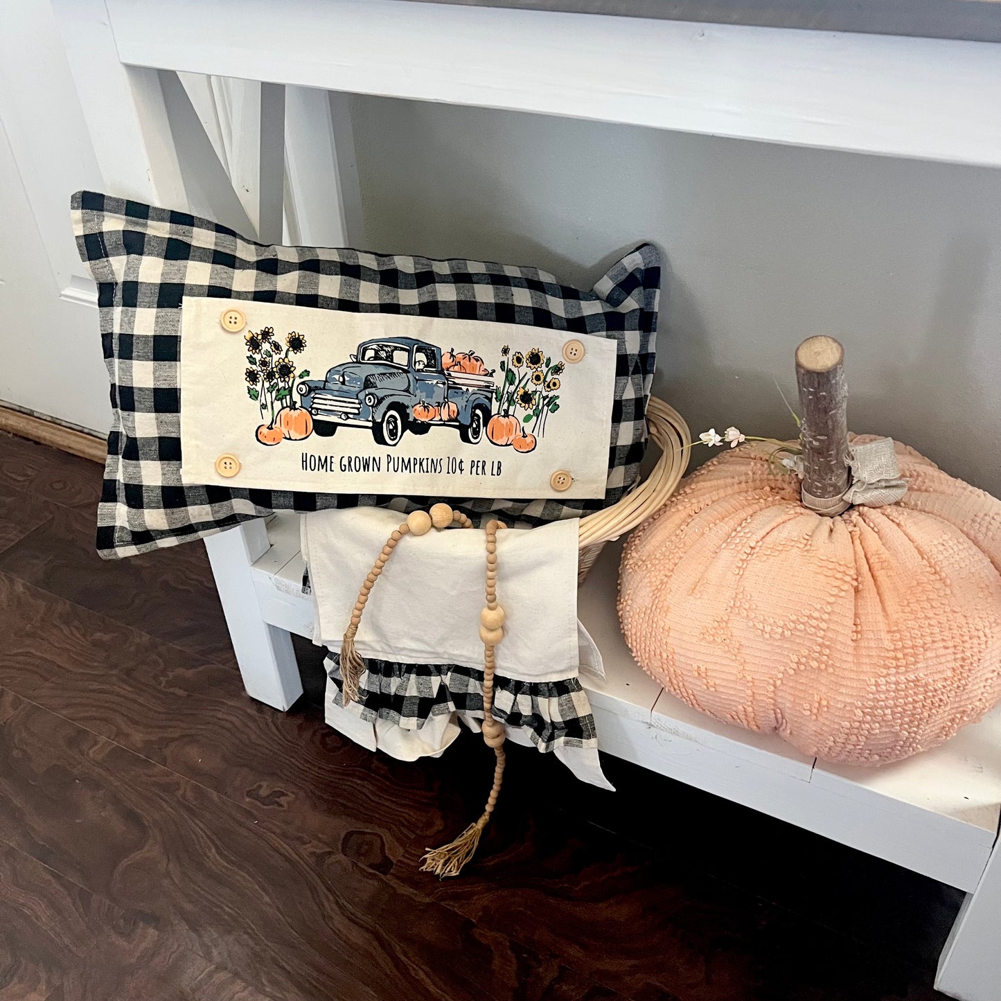 NEW! Custom FALL Wedding Gift Bundle:  2 seasons + GINGHAM/BUFFALO CHECK pillow + custom last name panel: PUMPKIN TRUCK / UGLY SWEATER TREES /CUSTOM LAST NAME PANEL
