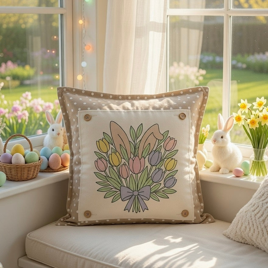 PANEL ONLY: SQUARE Spring Happy Easter Bunny, pastels, flowers, tulips, BUNNY EARS