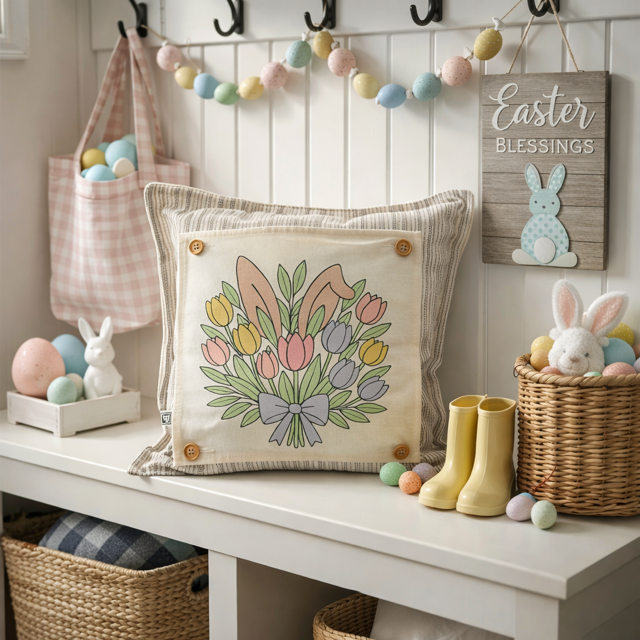 PANEL ONLY: SQUARE Spring Happy Easter Bunny, pastels, flowers, tulips, BUNNY EARS