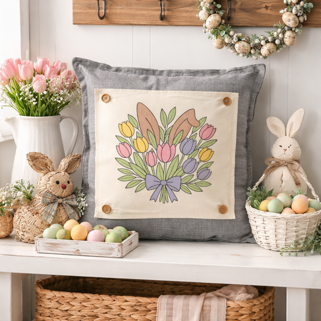 PANEL ONLY: SQUARE Spring Happy Easter Bunny, pastels, flowers, tulips, BUNNY EARS