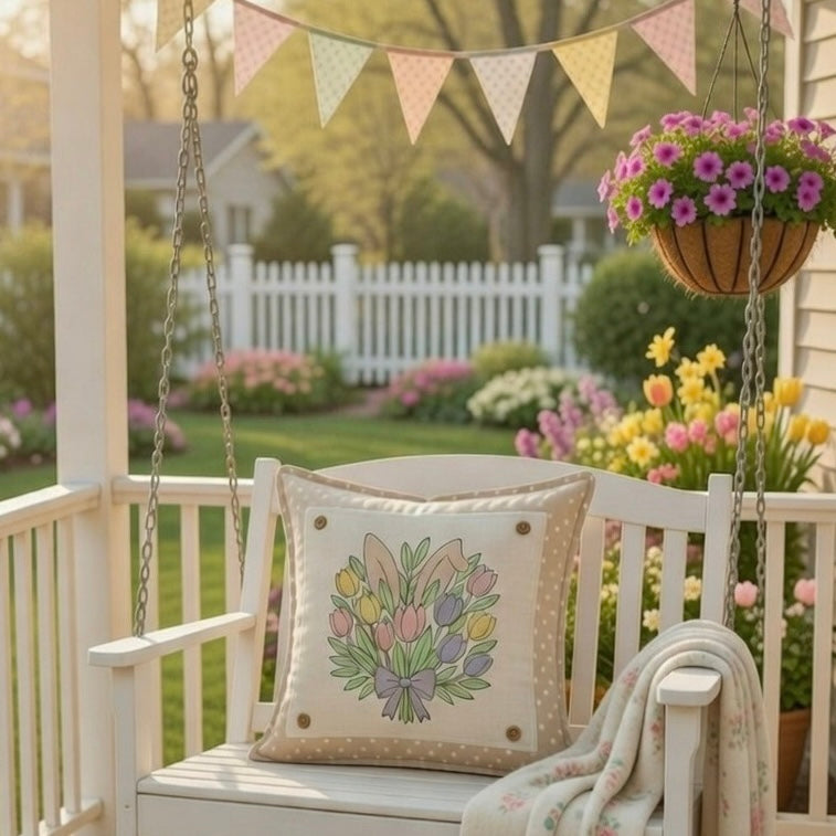 PANEL ONLY: SQUARE Spring Happy Easter Bunny, pastels, flowers, tulips, BUNNY EARS