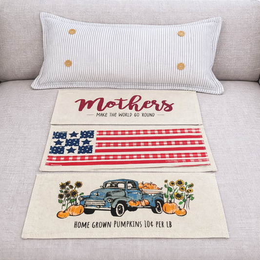 NEW! RECTANGLE SPRING/SUMMER/FALL BUNDLE:  3 seasons + GRAY/WHITE TICKING STRIPE REC. pillow: GLITTER MOTHER'S MAKE THE WORLD GO 'ROUND, BARN QUILT, PUMPKIN TRUCK