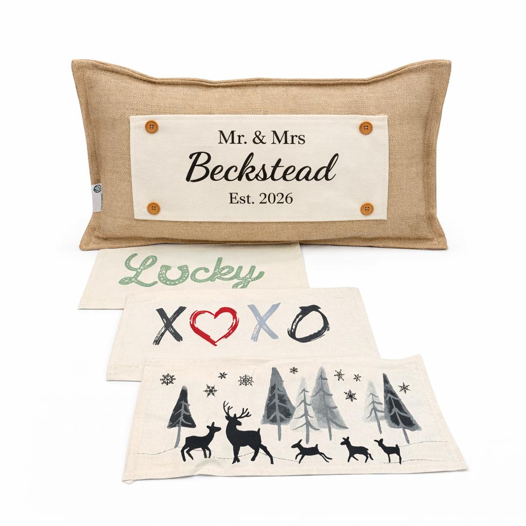 NEW! Custom WINTER 26 Wedding Gift Bundle:  3 seasons +BURLAP pillow + custom last name panel: LUCKY, XOXO, DEER, CUSTOM LAST NAME PANEL