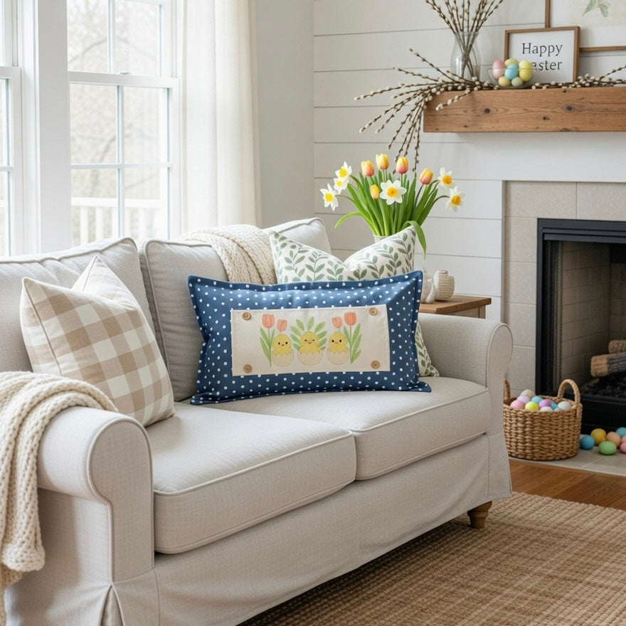 PILLOW ONLY RECTANGLE denim country blue with white polka dots: BLUE POLKA-DOT PILLOW (with fluffy insert)
