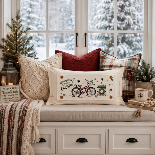 PANEL ONLY: RECTANGLE Holiday Panel: Winter Vintage Holly Snowflakes, Have Yourself A Merry Little Christmas; MERRY CHRISTMAS BIKE