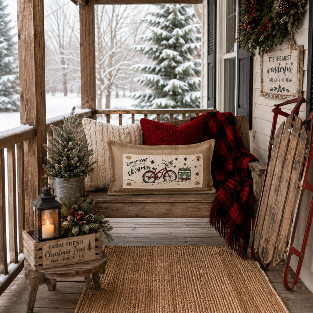 PANEL ONLY: RECTANGLE Holiday Panel: Winter Vintage Holly Snowflakes, Have Yourself A Merry Little Christmas; MERRY CHRISTMAS BIKE