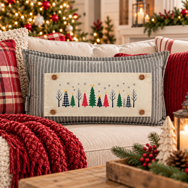 NEW! PANEL ONLY: RECTANGLE Winter; Vintage Christmas, Santa, Trees, Snowflakes, Stars, Bows; CHRISTMAS FOREST