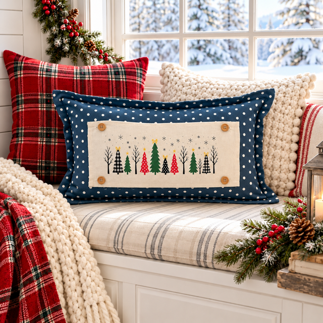 NEW! RECTANGLE WINTER BUNDLE:  3 seasons + BLUE POLKADOT REC. pillow: CHRISTMAS FORREST, SNOWFLAKES, KISSING BOTH