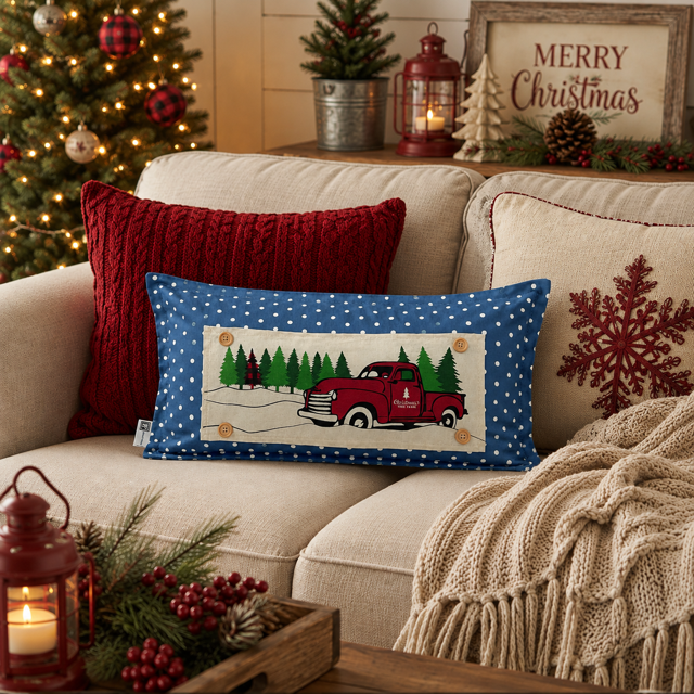PANEL ONLY:  RECTANGLE Holiday Panel: Winter, Trees,  Father's Day Dad  Vintage; Christmas Red Buffalo PLAID TREE TRUCK