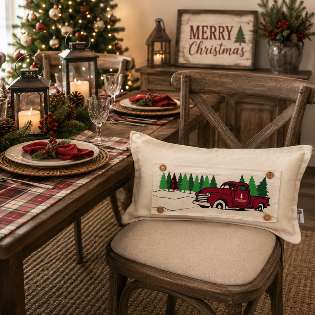 PANEL ONLY:  RECTANGLE Holiday Panel: Winter, Trees,  Father's Day Dad  Vintage; Christmas Red Buffalo PLAID TREE TRUCK