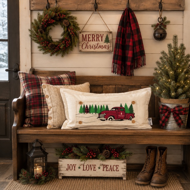 PANEL ONLY:  RECTANGLE Holiday Panel: Winter, Trees,  Father's Day Dad  Vintage; Christmas Red Buffalo PLAID TREE TRUCK