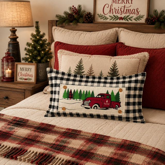 PANEL ONLY:  RECTANGLE Holiday Panel: Winter, Trees,  Father's Day Dad  Vintage; Christmas Red Buffalo PLAID TREE TRUCK