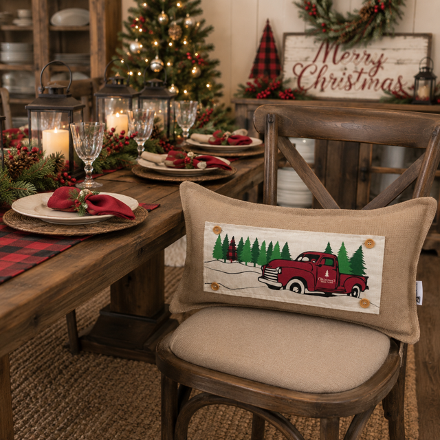 PANEL ONLY:  RECTANGLE Holiday Panel: Winter, Trees,  Father's Day Dad  Vintage; Christmas Red Buffalo PLAID TREE TRUCK
