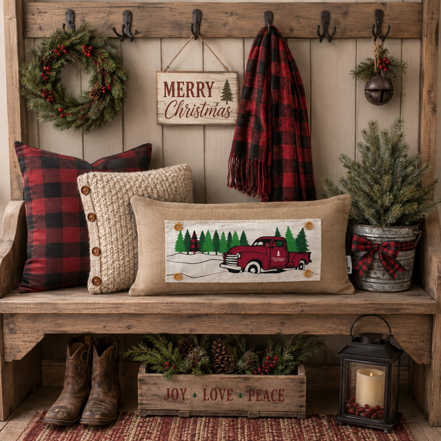 PANEL ONLY:  RECTANGLE Holiday Panel: Winter, Trees,  Father's Day Dad  Vintage; Christmas Red Buffalo PLAID TREE TRUCK