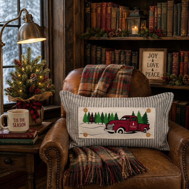 PANEL ONLY:  RECTANGLE Holiday Panel: Winter, Trees,  Father's Day Dad  Vintage; Christmas Red Buffalo PLAID TREE TRUCK