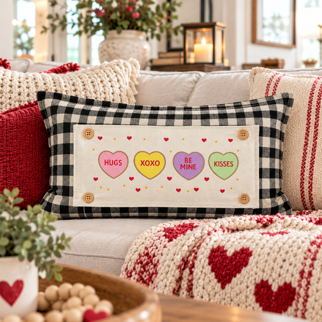 NEW! RECTANGLE WINTER BUNDLE:  3 seasons + BUFFALO CHECK REC. pillow: NATIVITY, 3 SNOWMEN, CONVERSATION HEARTS
