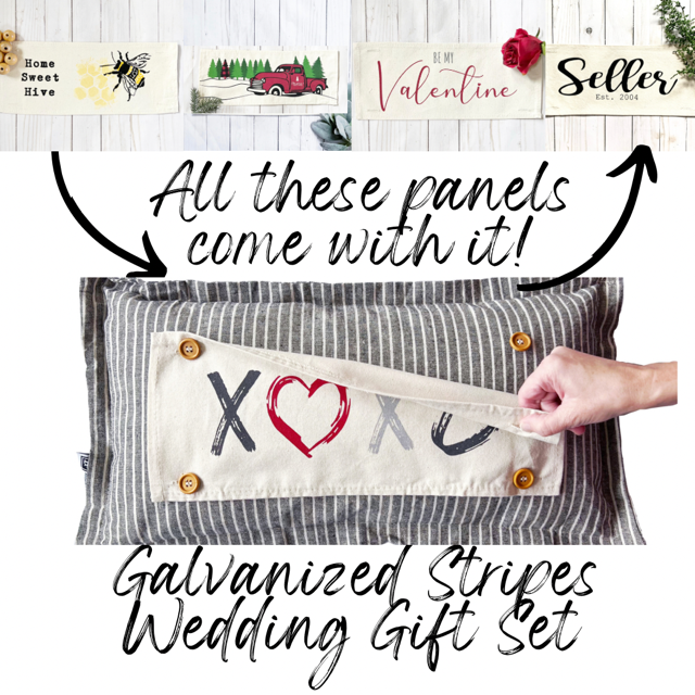 Custom Wedding Gift Bundle:  3 seasons + CHARCOAL/GALVINIZED STRIPES pillow + custom last name panel & BEEHIVE / NEW CMAS TRUCK / BE MY VALENTINES