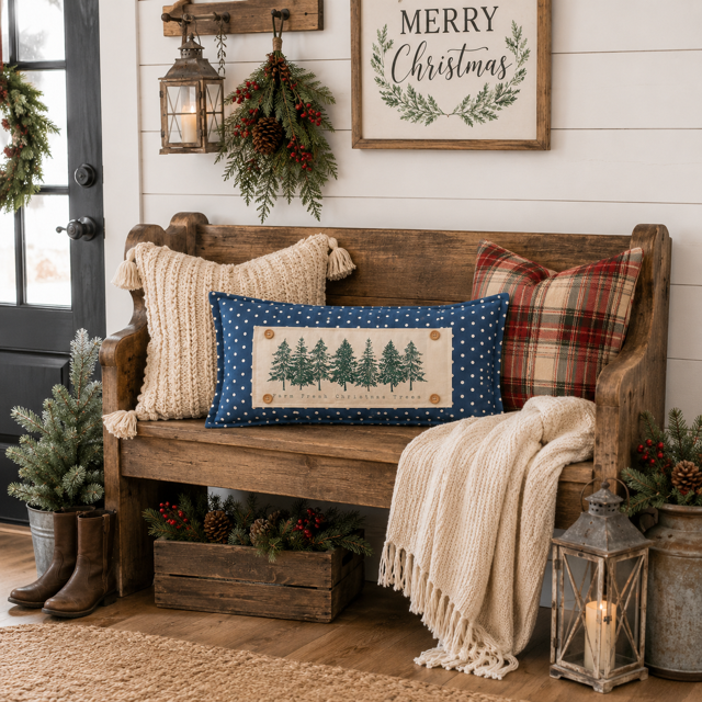 PANEL ONLY: RECTANGLE Winter; Farm Fresh, Green, Nature, Peaceful, Vintage, Farmhouse ; EVERGREEN CHRISTMAS TREES