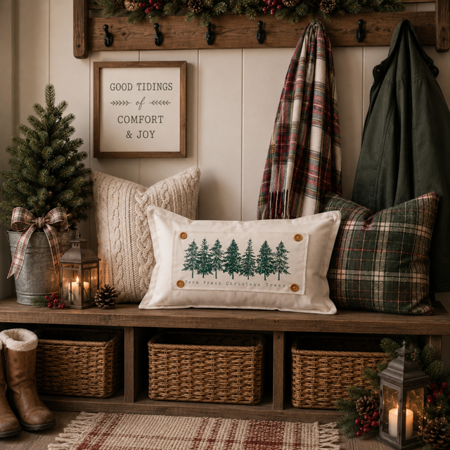 PANEL ONLY: RECTANGLE Winter; Farm Fresh, Green, Nature, Peaceful, Vintage, Farmhouse ; EVERGREEN CHRISTMAS TREES