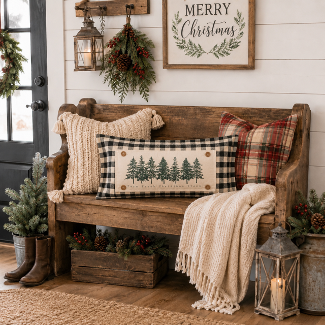 PANEL ONLY: RECTANGLE Winter; Farm Fresh, Green, Nature, Peaceful, Vintage, Farmhouse ; EVERGREEN CHRISTMAS TREES