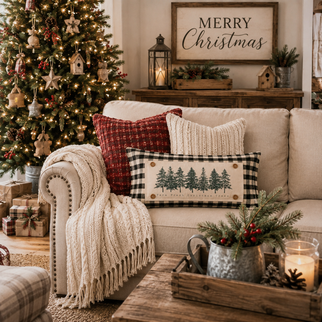 PANEL ONLY: RECTANGLE Winter; Farm Fresh, Green, Nature, Peaceful, Vintage, Farmhouse ; EVERGREEN CHRISTMAS TREES